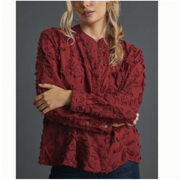 Anthropologie Tops - Anthropologie Pilcro Medium  Red Whitney Chenille Textured Floral Button Up